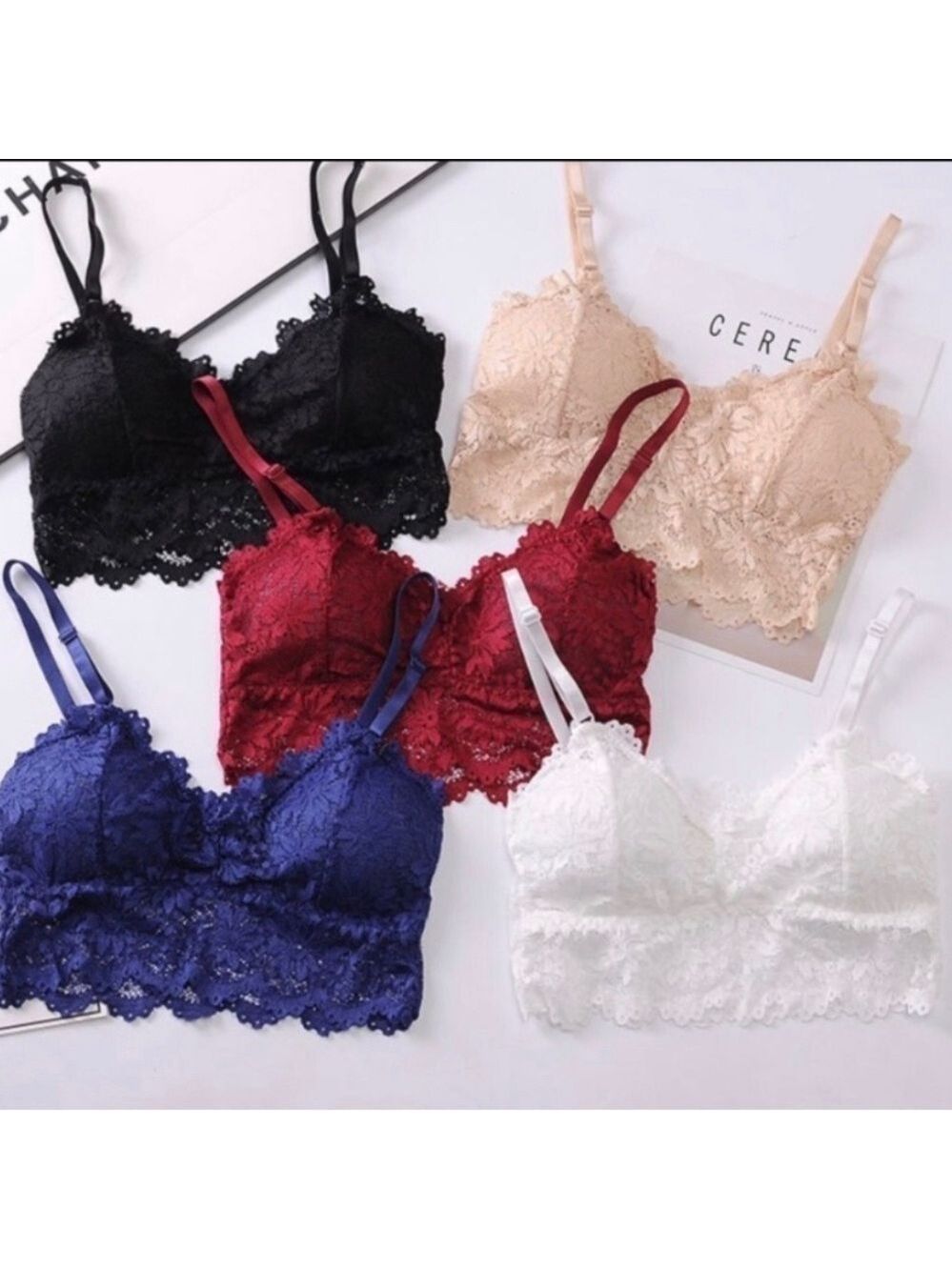 Lace Bralette Wireless Adjustable Straps Removable Pads